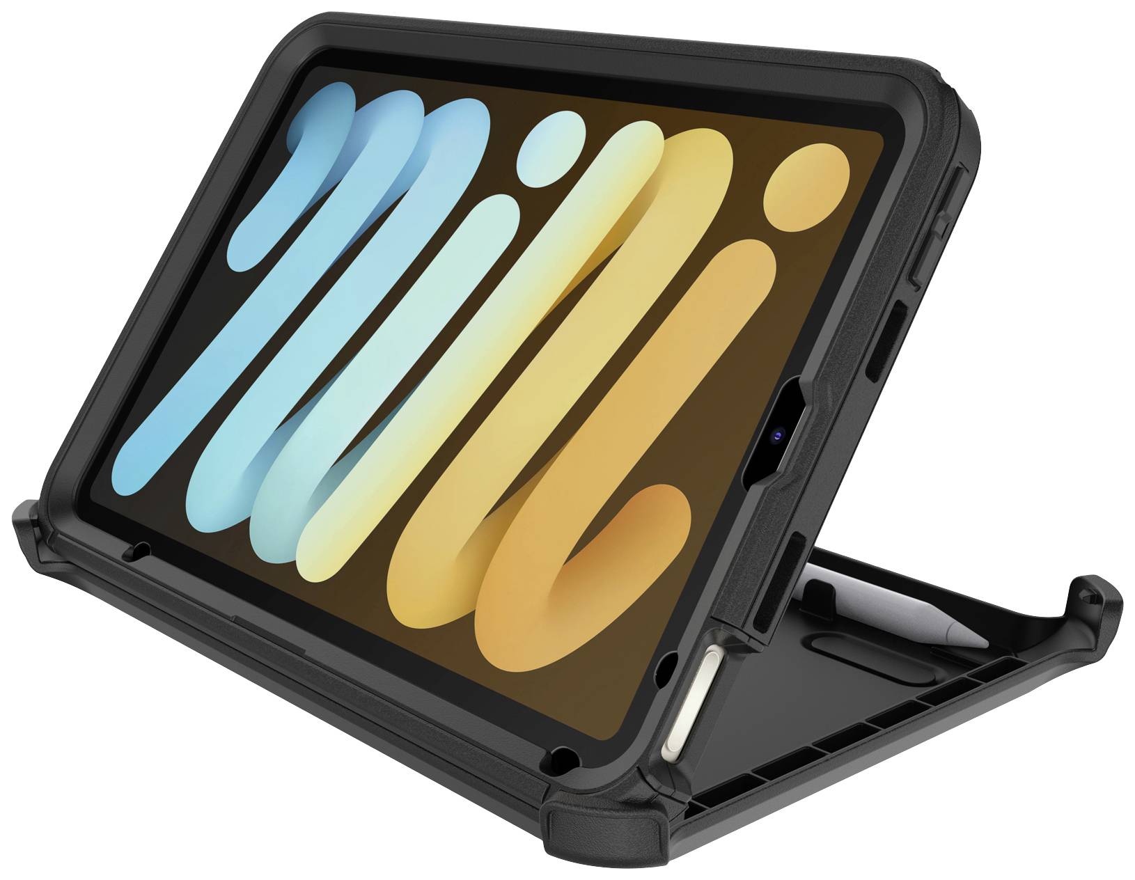 Une tablette dans un étui de protection noir, vue en angle, avec un écran coloré et un support pour stylet sur le côté.