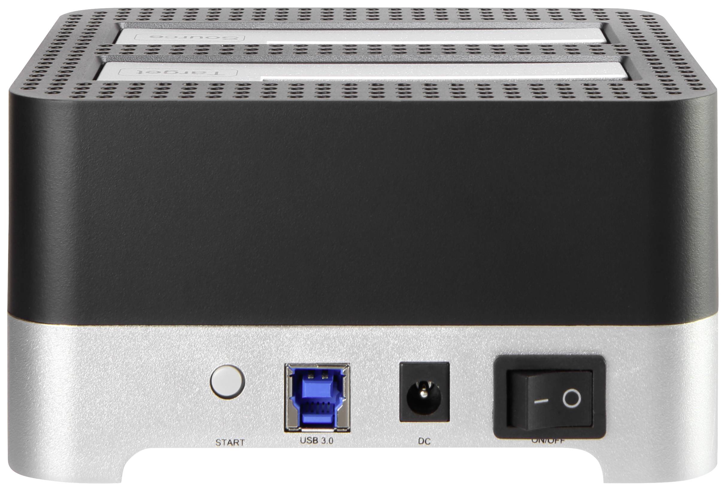 Un dock pour disque dur externe en noir et argent avec connexion USB 3.0, port d'alimentation et interrupteur marche/arrêt à l'arrière.