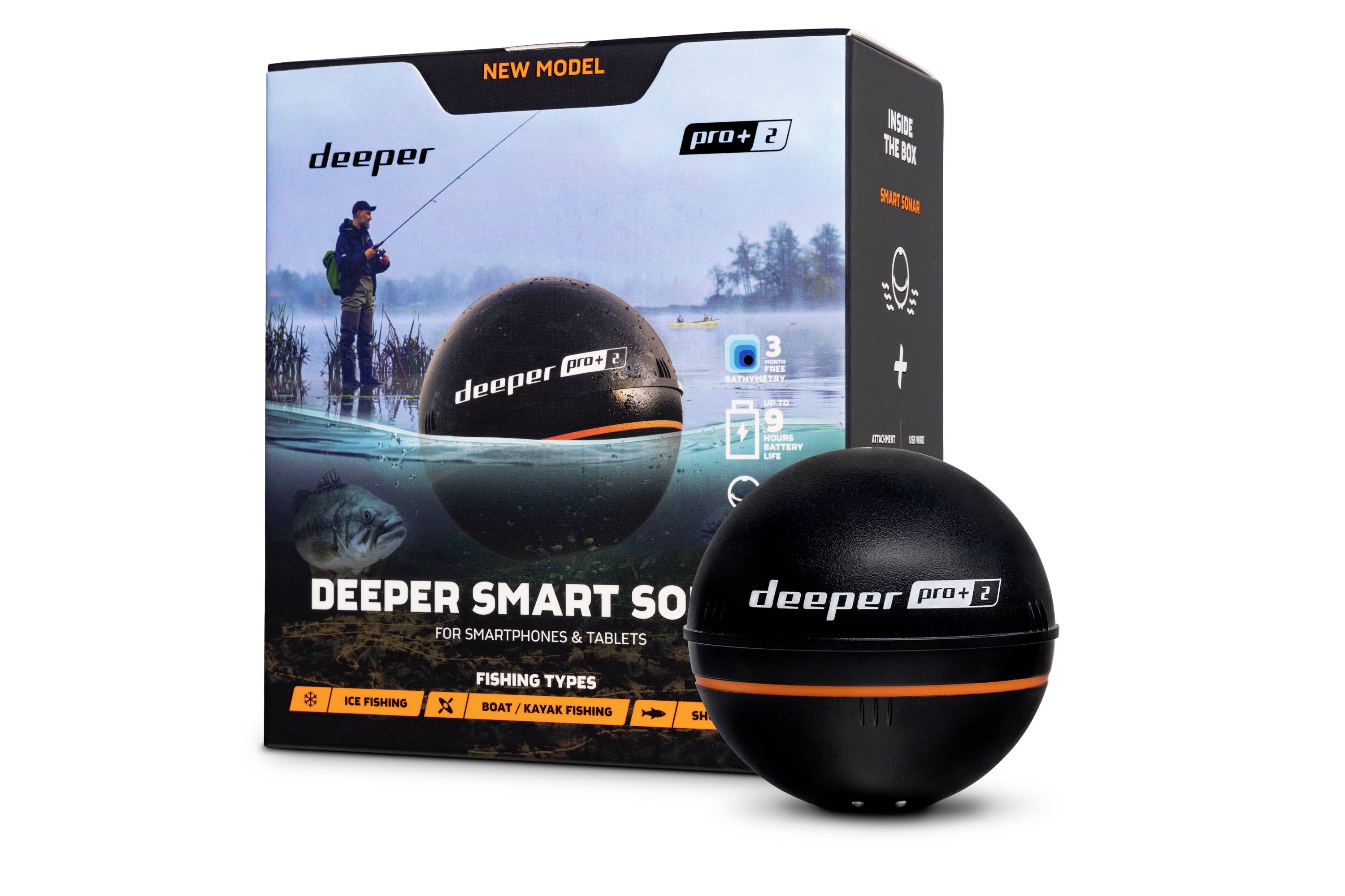 Emballage et produit d'un 'Deeper Smart Sonar PRO+ 2', compatible avec les smartphones et les tablettes, idéal pour la pêche depuis un bateau, un kayak ou depuis la rive.