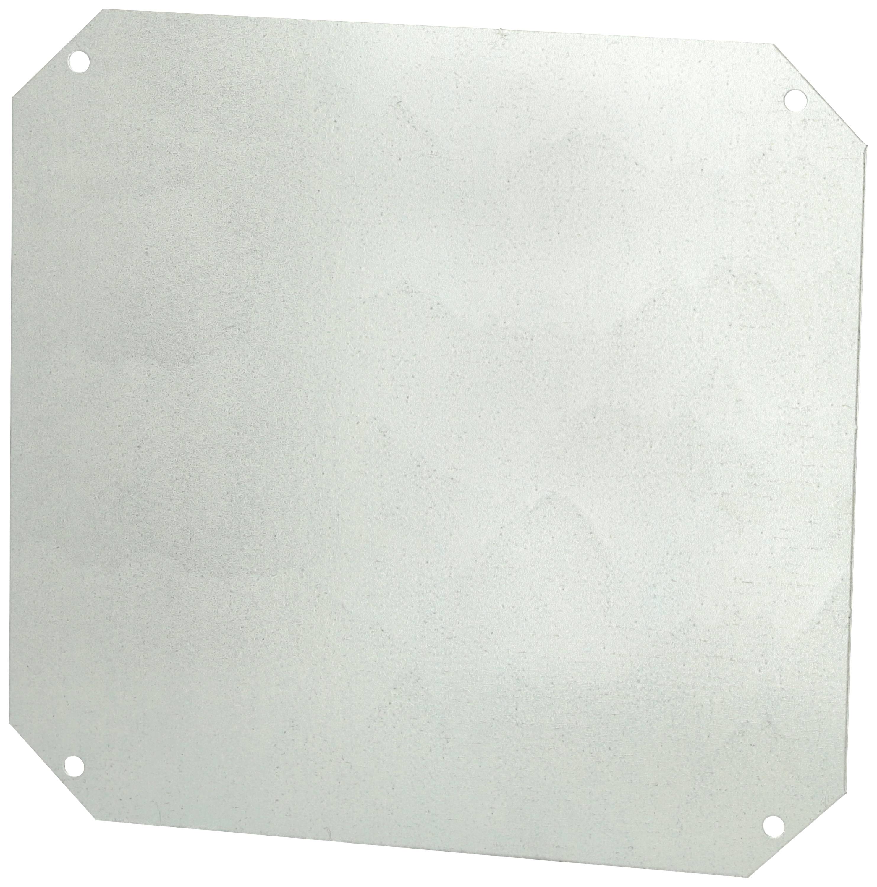 Une plaque métallique carrée avec des coins biseautés et quatre trous aux angles, probablement destinée à la fixation ou à la couverture.