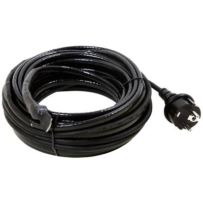 Rallonge électrique noire avec fiche Schuko, enroulée. Adaptée à une utilisation extérieure, testée contre les intempéries.