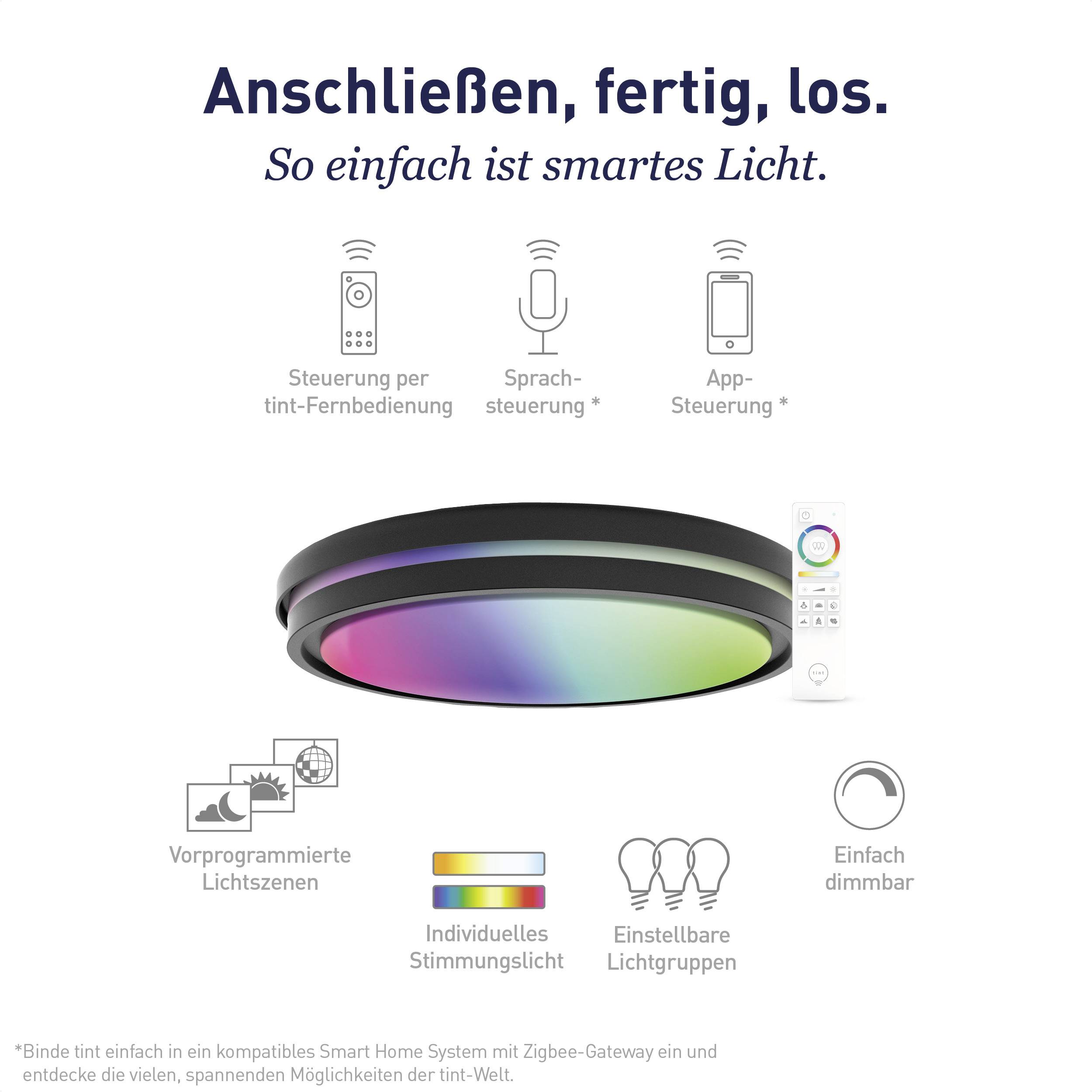 Branché, prêt, partez. C'est aussi simple que ça d'avoir un éclairage intelligent. Plafonnier coloré avec télécommande, contrôle vocal et commande par application.