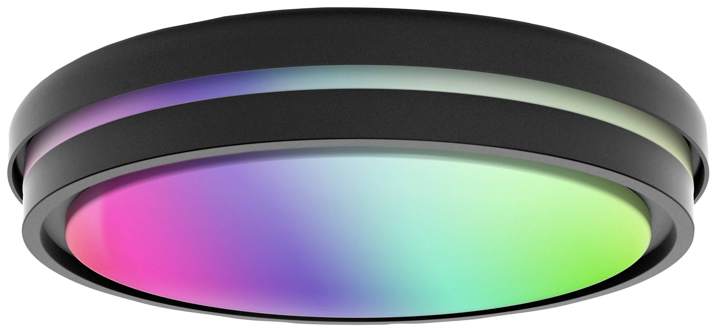 Plafonnier LED noir avec dégradé de couleur allant du rose au vert, idéal pour un éclairage d'ambiance moderne.