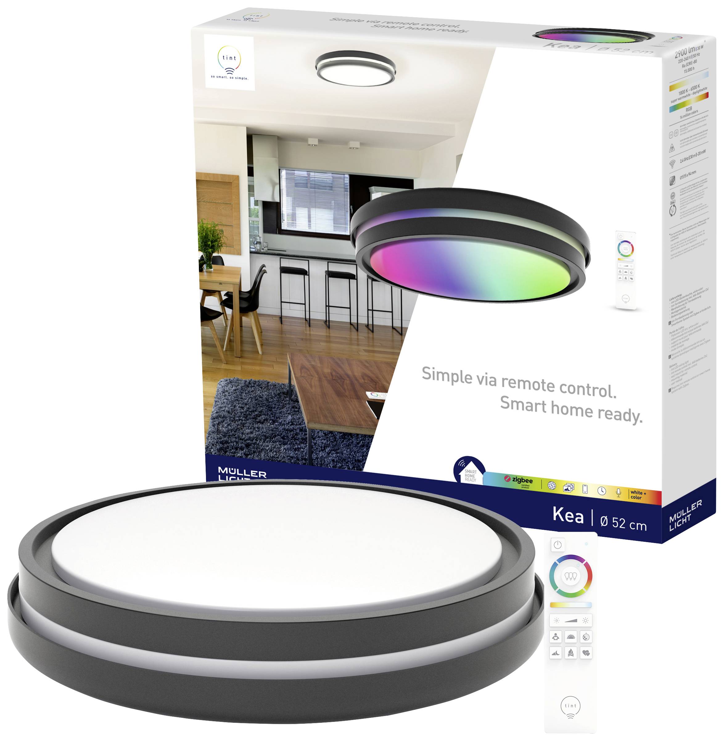 Un plafonnier portant l'inscription 'Smart Home Ready'. Il peut être commandé à distance et affiche différentes couleurs.