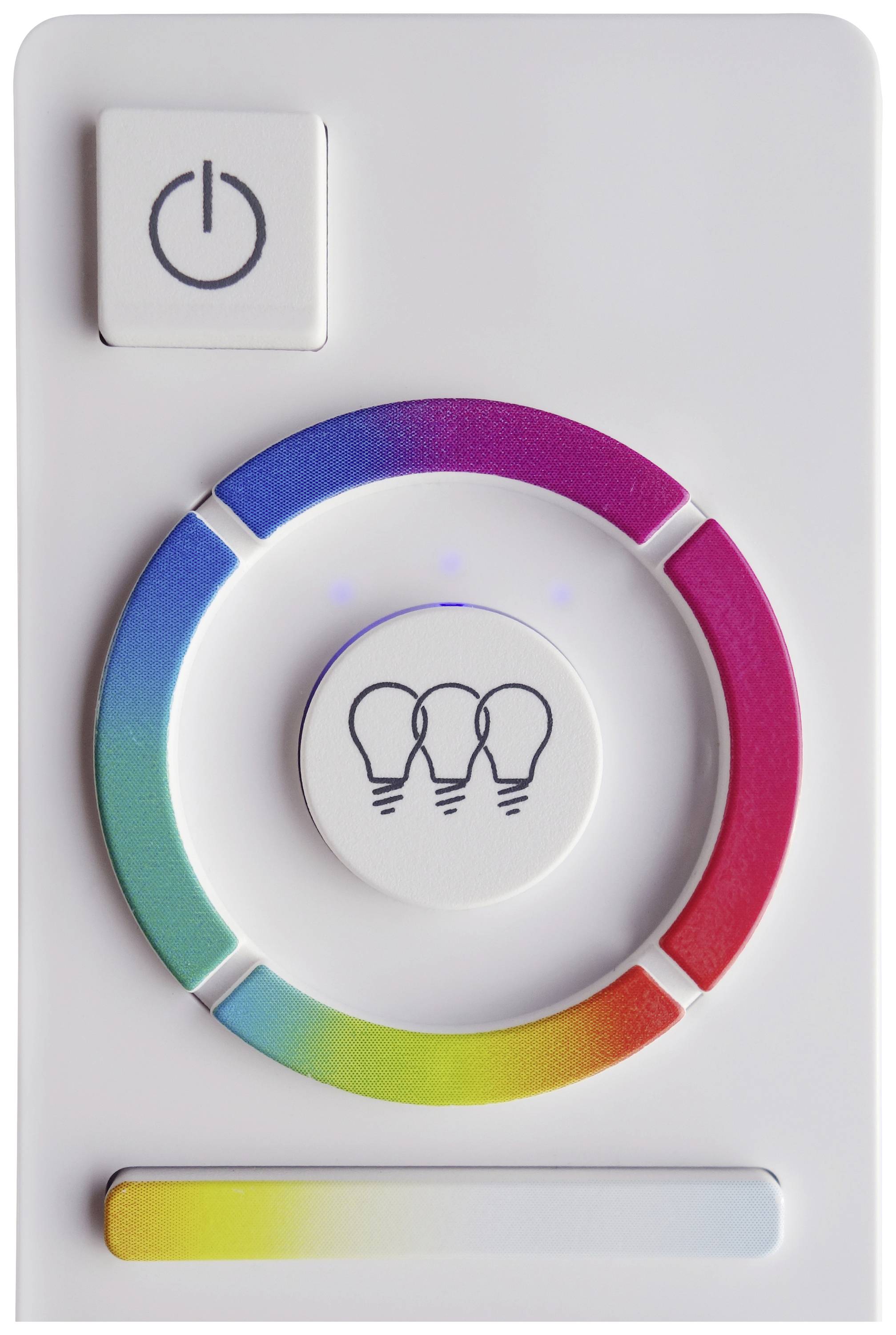 Un contrôleur de couleur pour éclairage avec un interrupteur marche/arrêt, un anneau coloré pour sélectionner la couleur de la lumière et un curseur.
