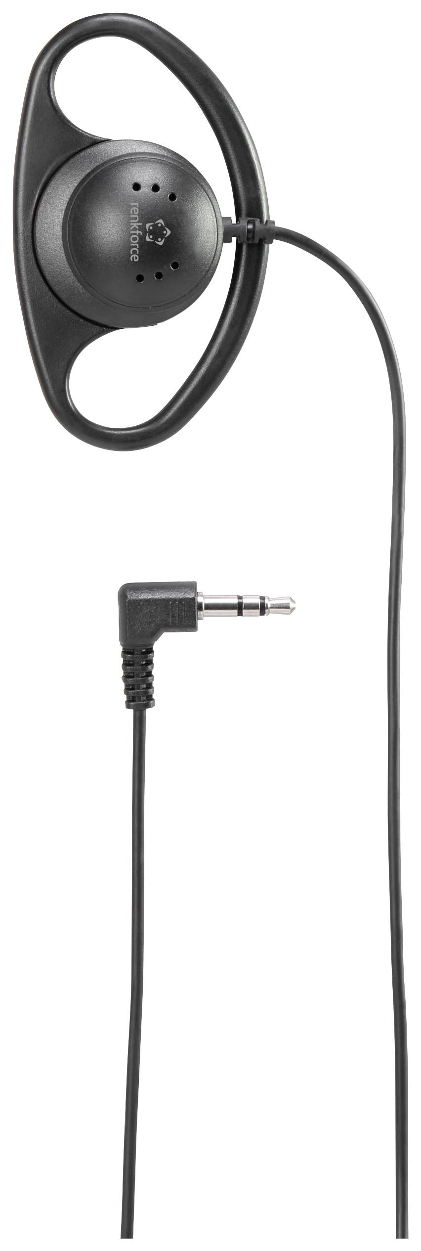 Écouteur noir filaire avec connecteur jack stéréo 3,5 mm coudé, compatible avec les appareils audio.