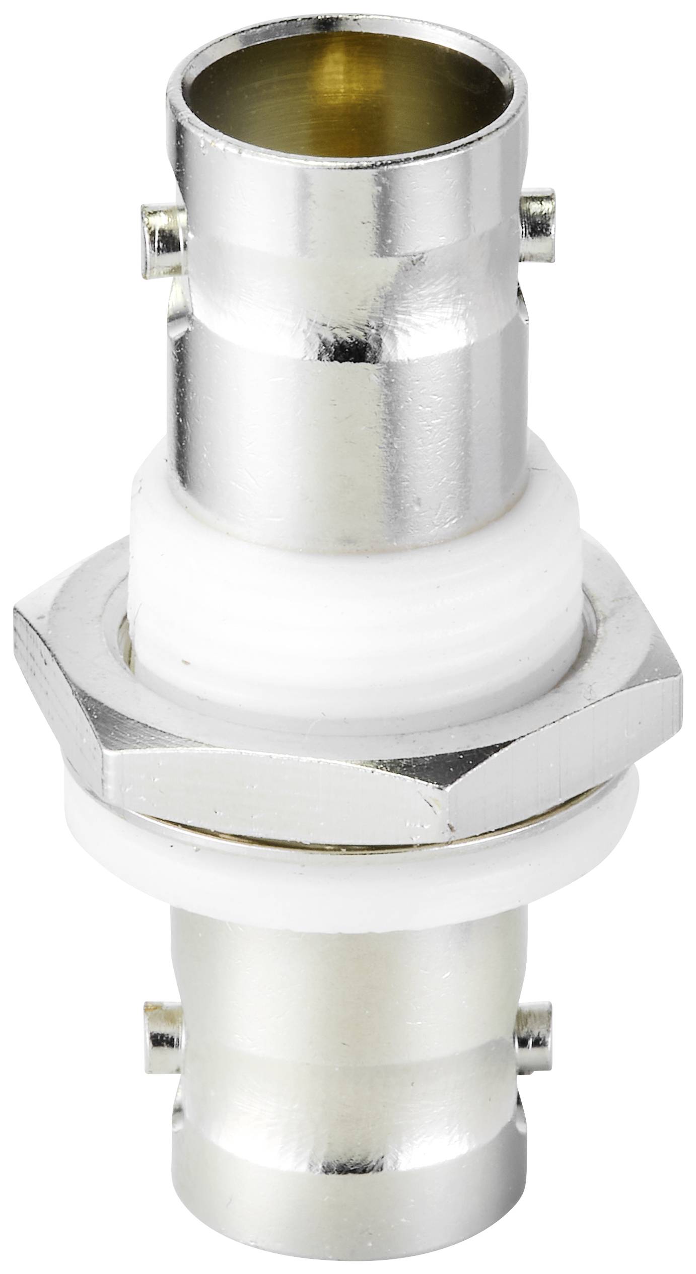 Connecteur métallique à filetage en plastique, avec mécanisme de verrouillage latéral.