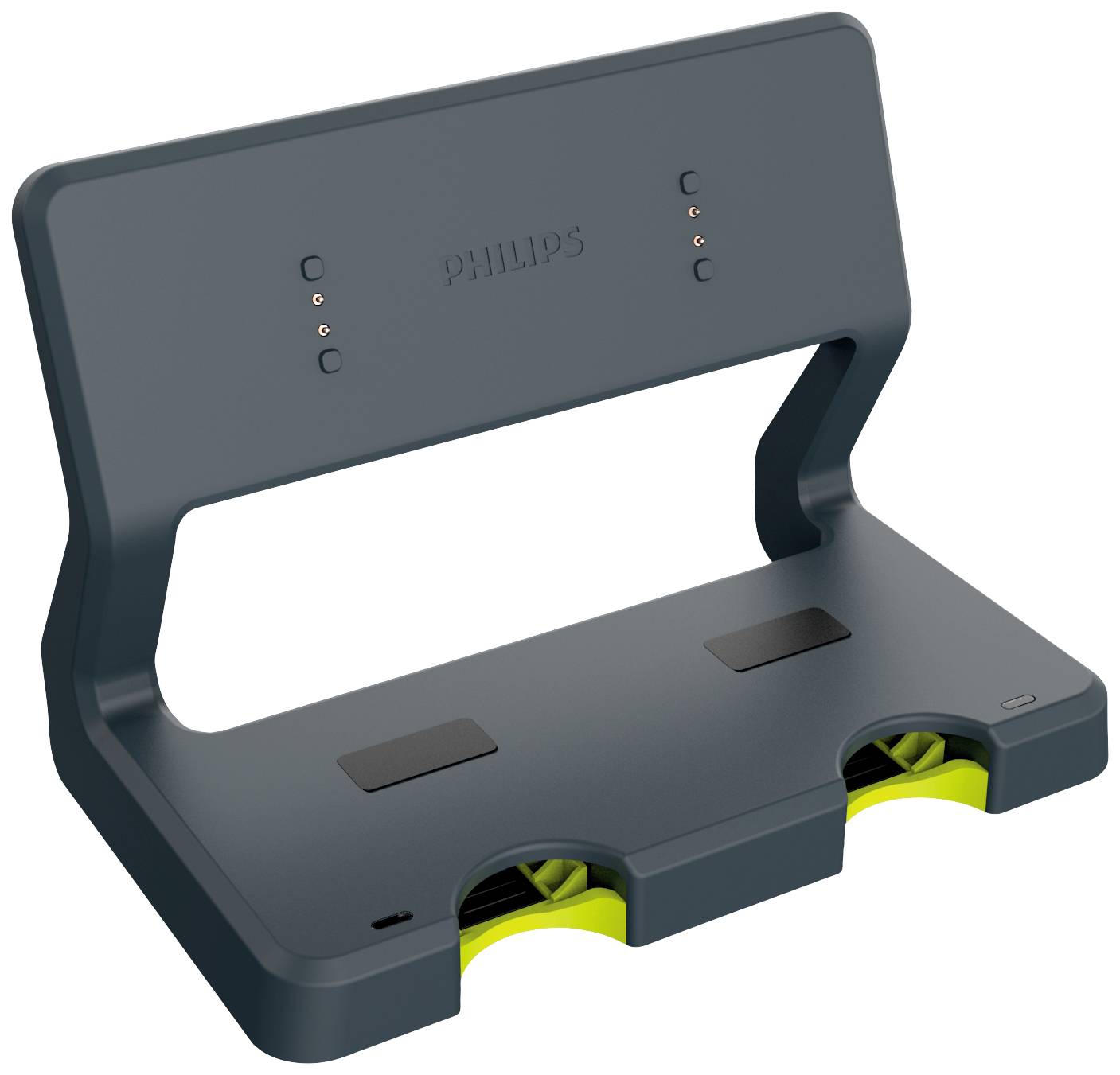 Station d'accueil de Philips en bleu foncé avec deux emplacements de charge et des accents verts, adaptée pour charger simultanément plusieurs appareils.