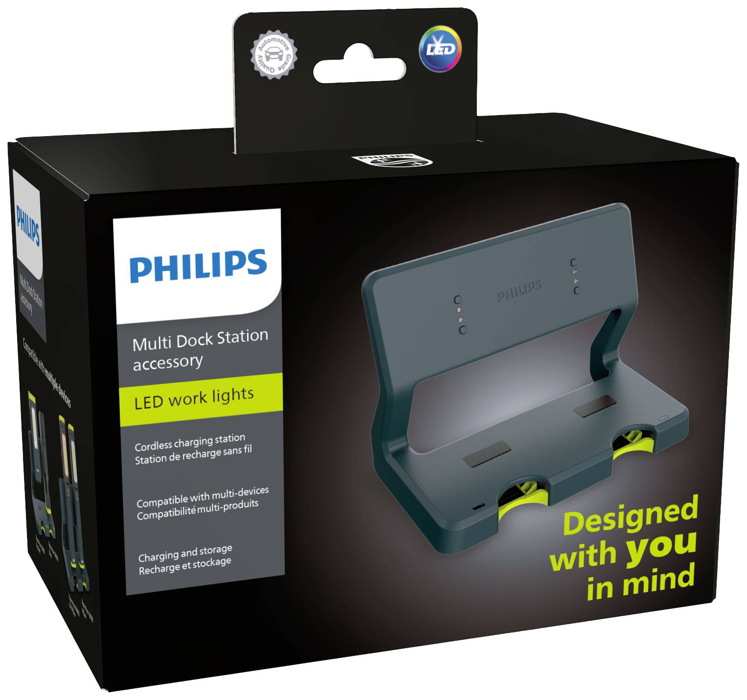 Station d'accueil multifonction Philips, emballage avec illustration du chargeur. Légende : « Lampes de travail LED », « Conçu en pensant à vous ».