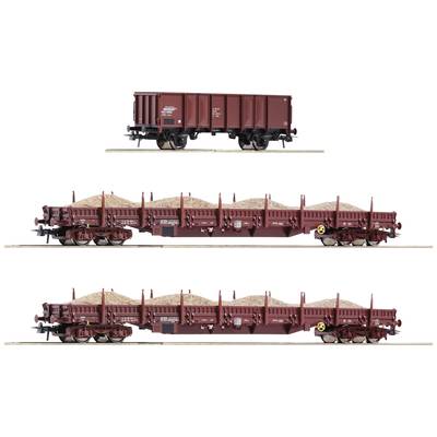 Roco 77041 Lot de 3 wagons de marchandises train de sable de la DR H0 Deux wagons plats genre Res, wagons de marchandise