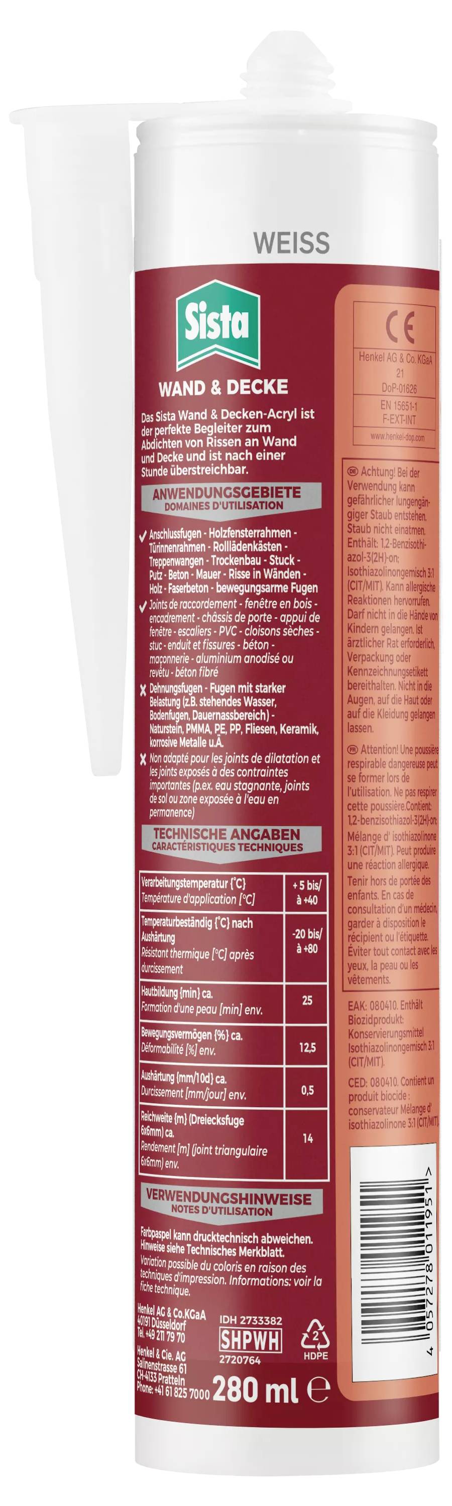 Cartouche de mastic blanc de la marque Sista, adapté pour les murs et les plafonds. Contient des instructions d'utilisation et des détails techniques.