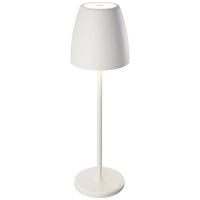 Une lampe sur pied simple, blanche, avec un socle rond et un abat-jour conique. Elle diffuse une lumière dirigée vers le bas.