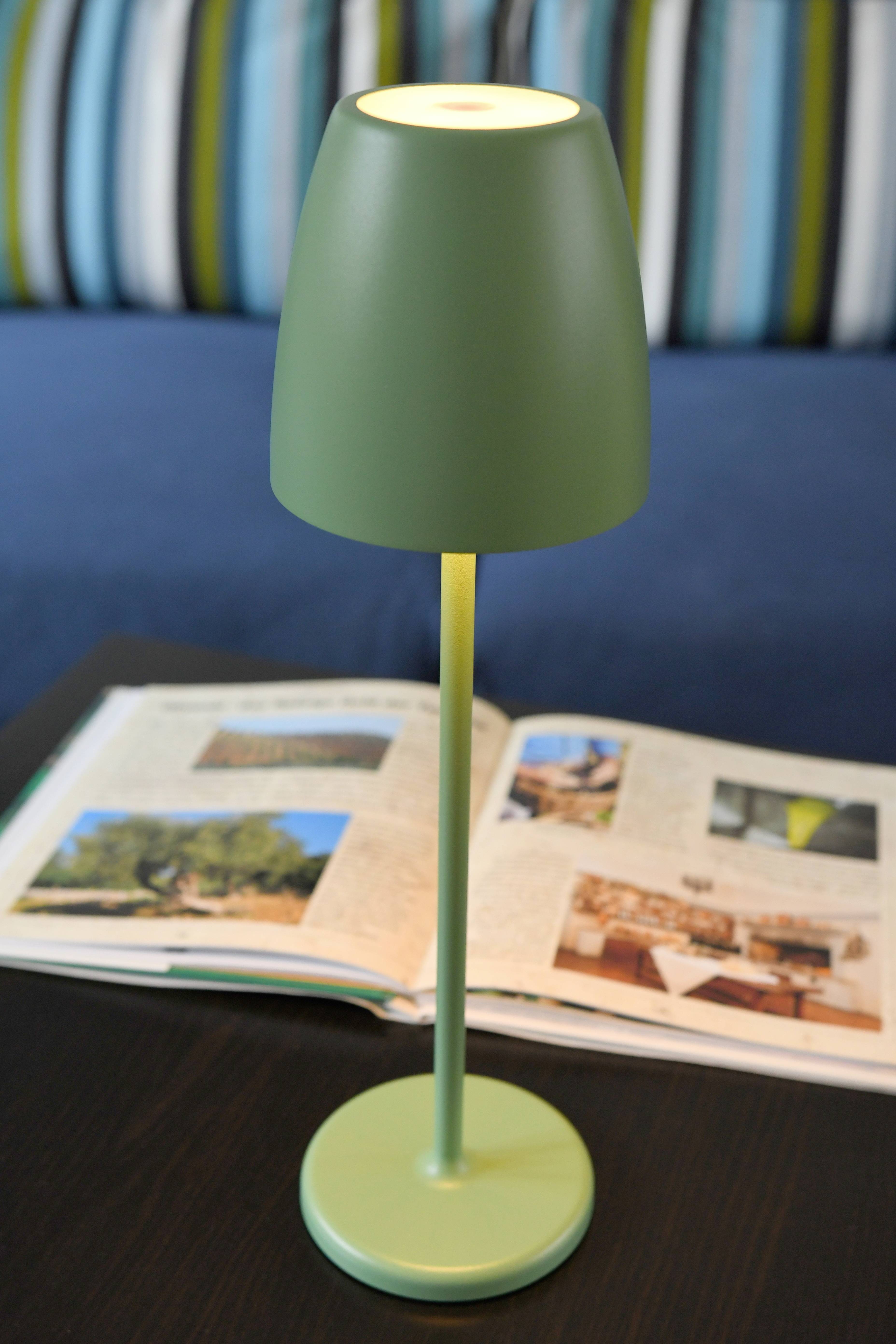 Lampe verte allumée sur une table. À l'arrière-plan, un livre ouvert avec des images est posé, et dans la pièce se trouve un canapé avec des coussins rayés.