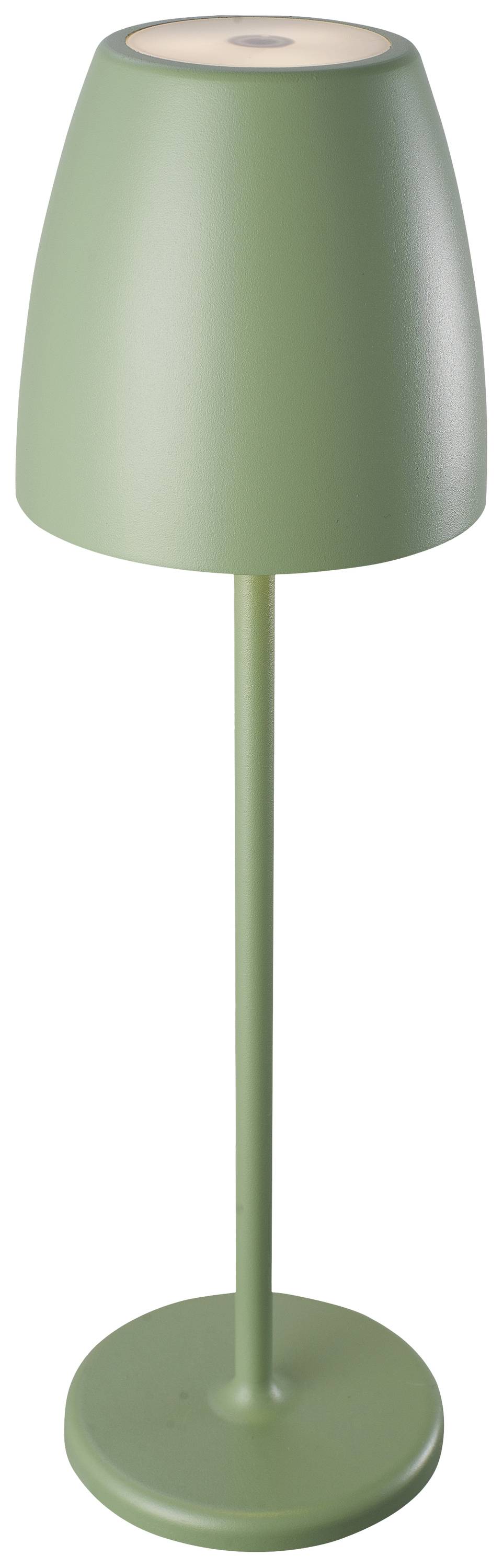 Lampe de table verte au design simple et moderne. Repose sur un socle rond avec un abat-jour conique.