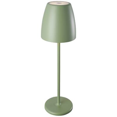 Lampe de table verte au design simple et moderne. Repose sur un socle rond avec un abat-jour conique.