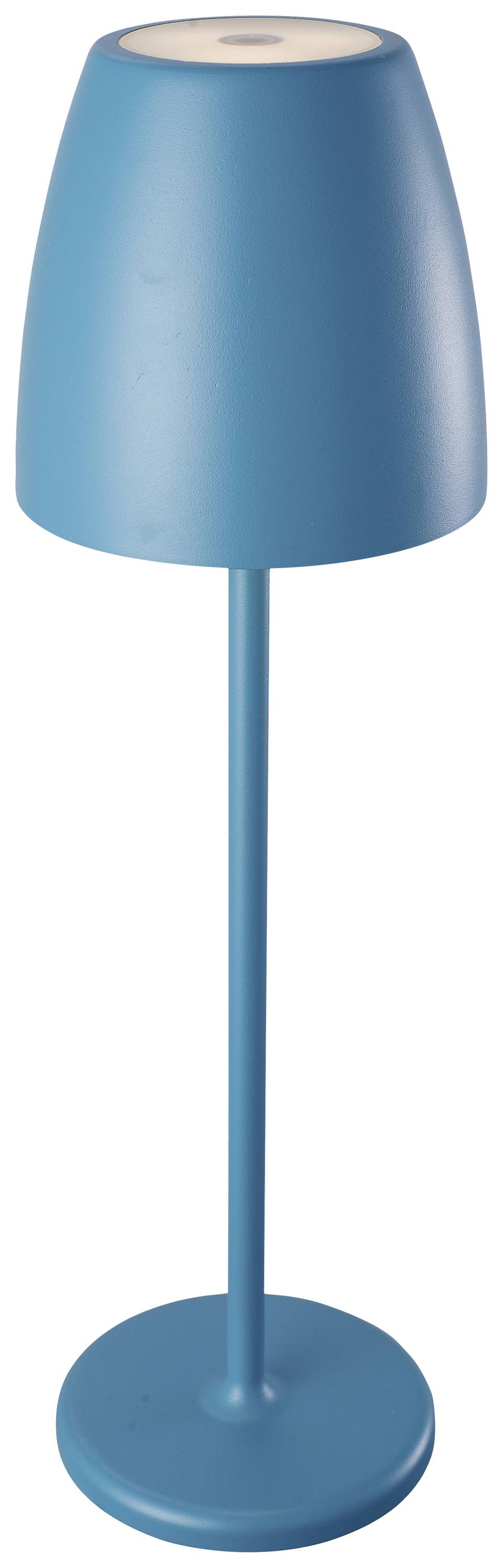 Une lampe de table élégante et moderne en bleu, avec un socle rond et un abat-jour cylindrique.