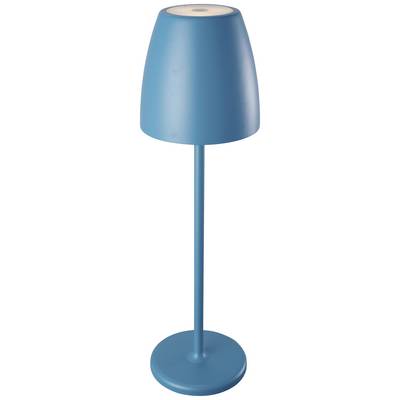 Une lampe de table élégante et moderne en bleu, avec un socle rond et un abat-jour cylindrique.