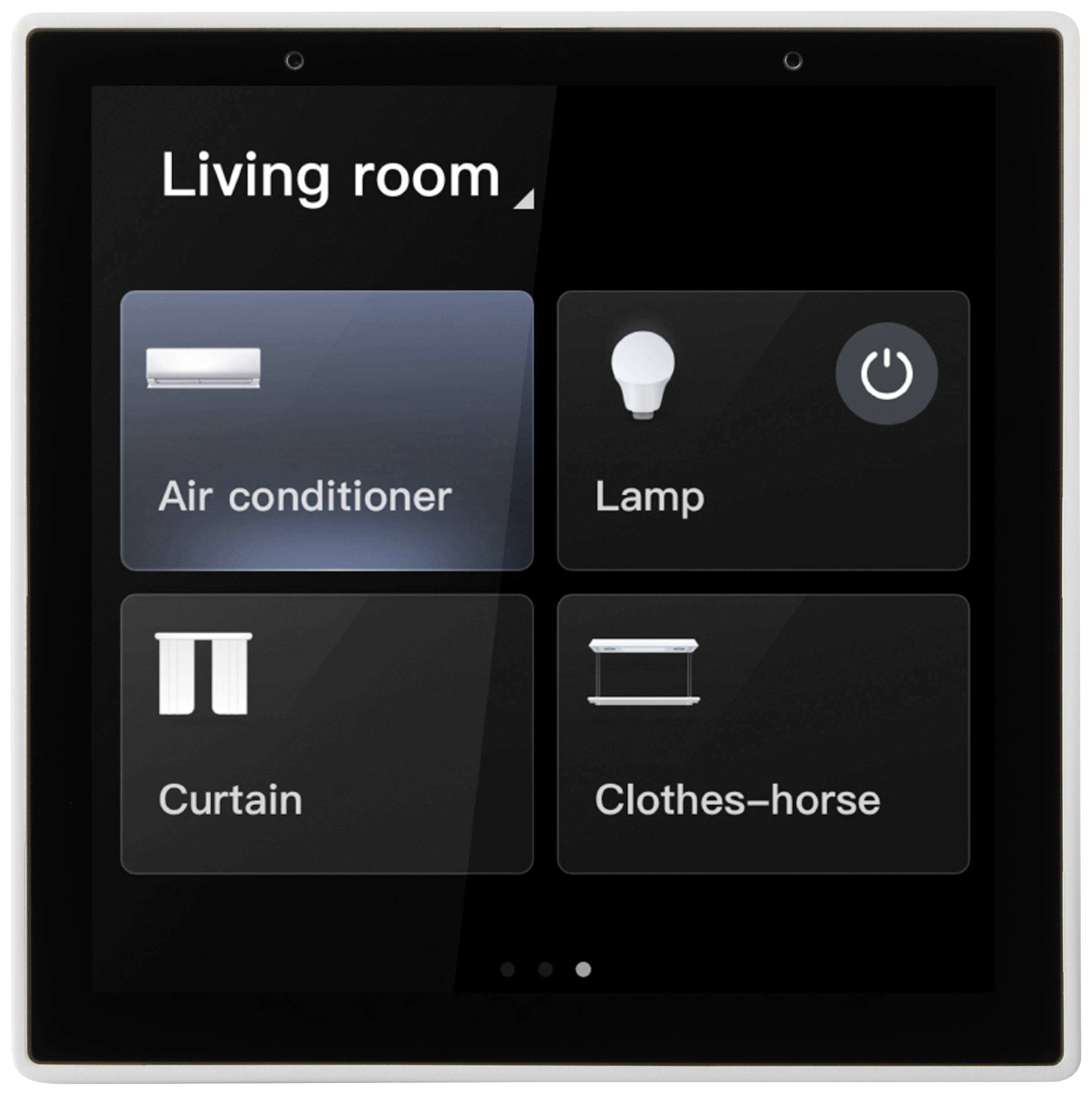 Panneau domotique avec quatre boutons : 'Climatisation', 'Lampe', 'Rideau', 'Étendoir'. Texte en haut : 'Salon'.