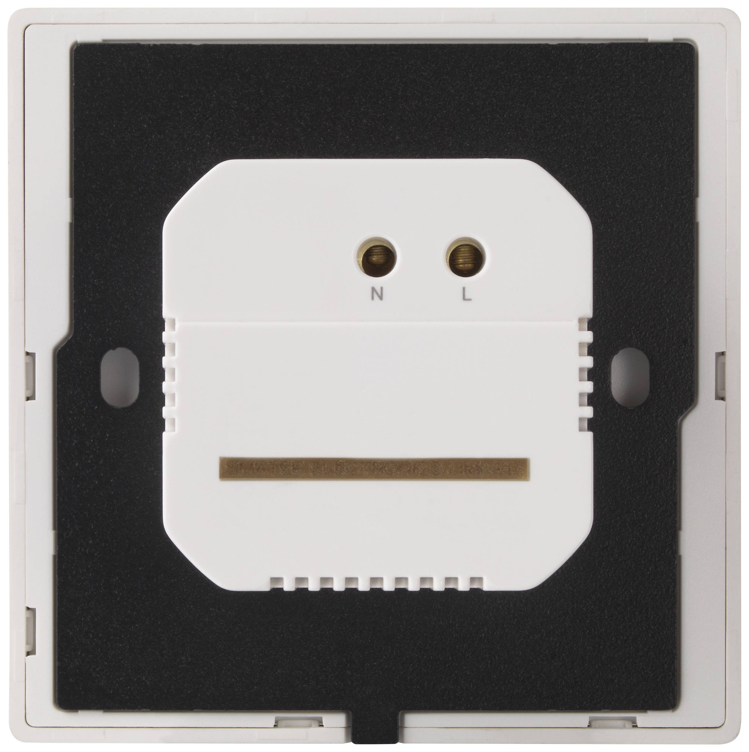 Verso d'un module de prise électrique blanc carré, avec des bornes de connexion pour le conducteur neutre et le conducteur de phase, adapté pour une installation murale.