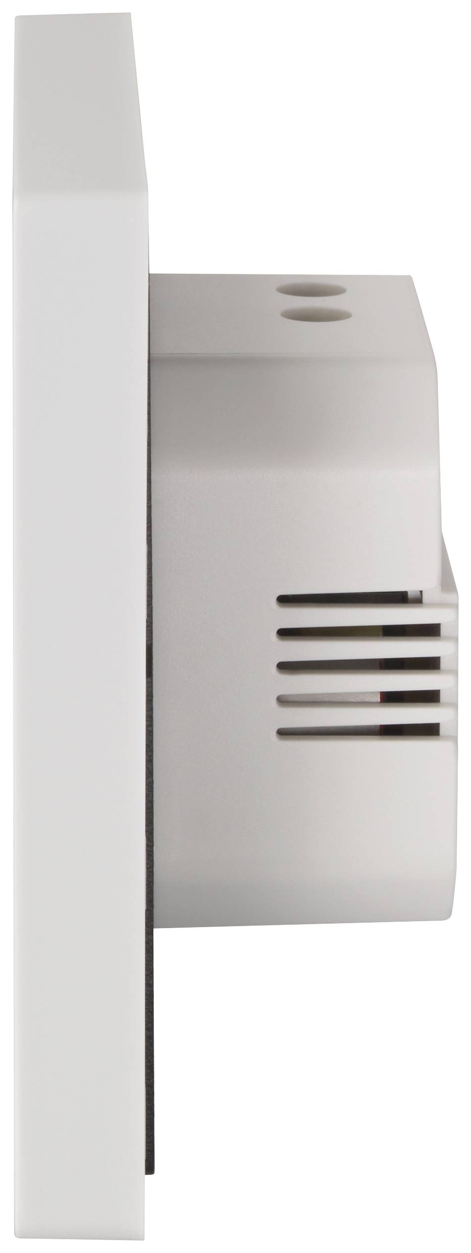 Vue latérale d'un appareil électronique blanc avec des fentes d'aération sur le côté. Le but et le contexte d'utilisation ne sont pas identifiables.
