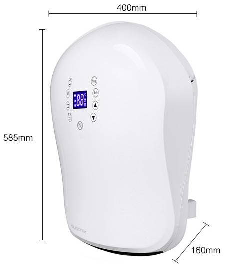 Purificateur d'air blanc avec affichage numérique et plusieurs touches de commande. Dimensions : 400 mm de largeur, 585 mm de hauteur, 160 mm de profondeur.