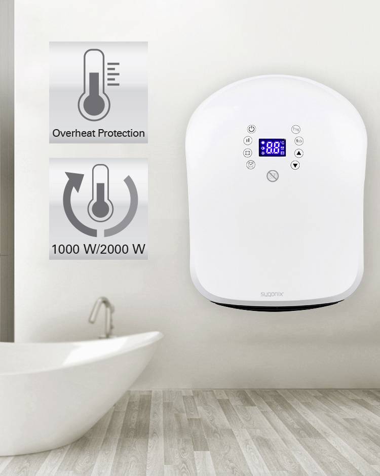 Un radiateur électrique avec un affichage numérique monté sur un mur de salle de bain. Des symboles indiquant la 'protection contre la surchauffe' et '1000W/2000W' sont visibles.