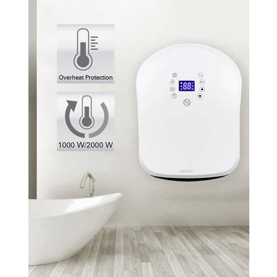 Un radiateur électrique avec un affichage numérique monté sur un mur de salle de bain. Des symboles indiquant la 'protection contre la surchauffe' et '1000W/2000W' sont visibles.
