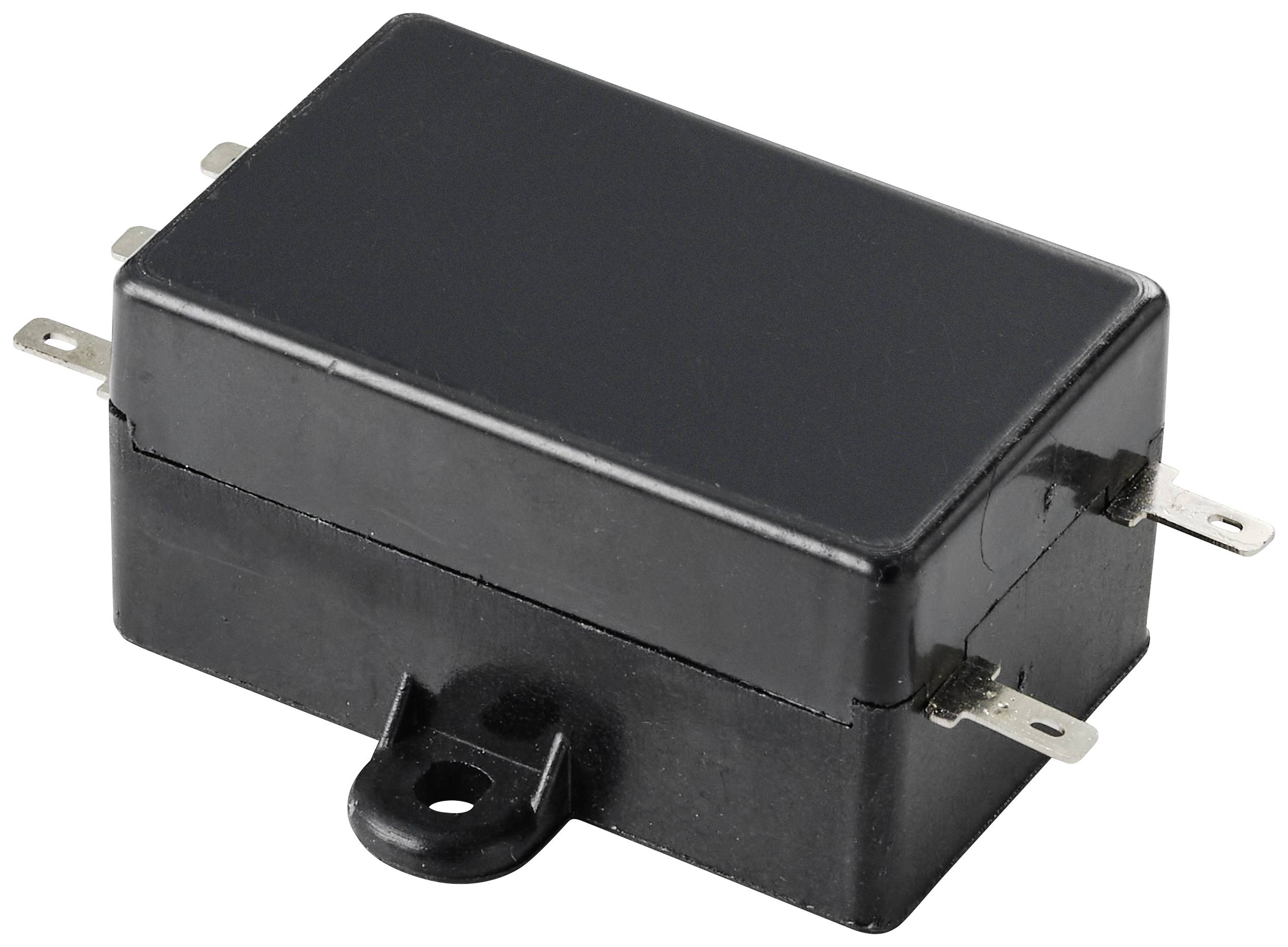 Un condensateur noir, rectangulaire ou un composant électrique avec plusieurs connexions métalliques.