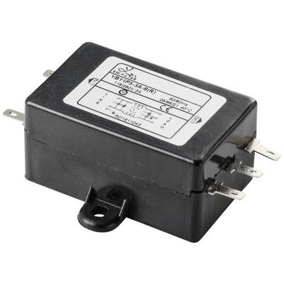 Un filtre antiparasite électrique rectangulaire avec un boîtier noir et cinq connexions métalliques sur un côté.