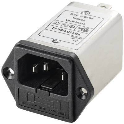 Module de filtrage réseau avec connexion IEC 60320 C14, boîtier en plastique noir et châssis argenté, adapté pour l'intégration dans des équipements électroniques.