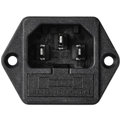 Prise de connexion réseau noire avec trois broches métalliques et deux trous de fixation, affichant des lettres et des symboles pour la configuration électrique.