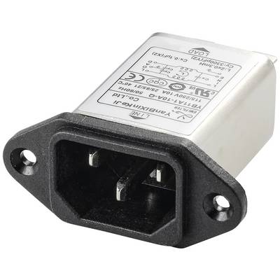 Un connecteur électrique rectangulaire à trois broches métalliques, fixé dans un cadre en plastique noir avec une étiquette technique.