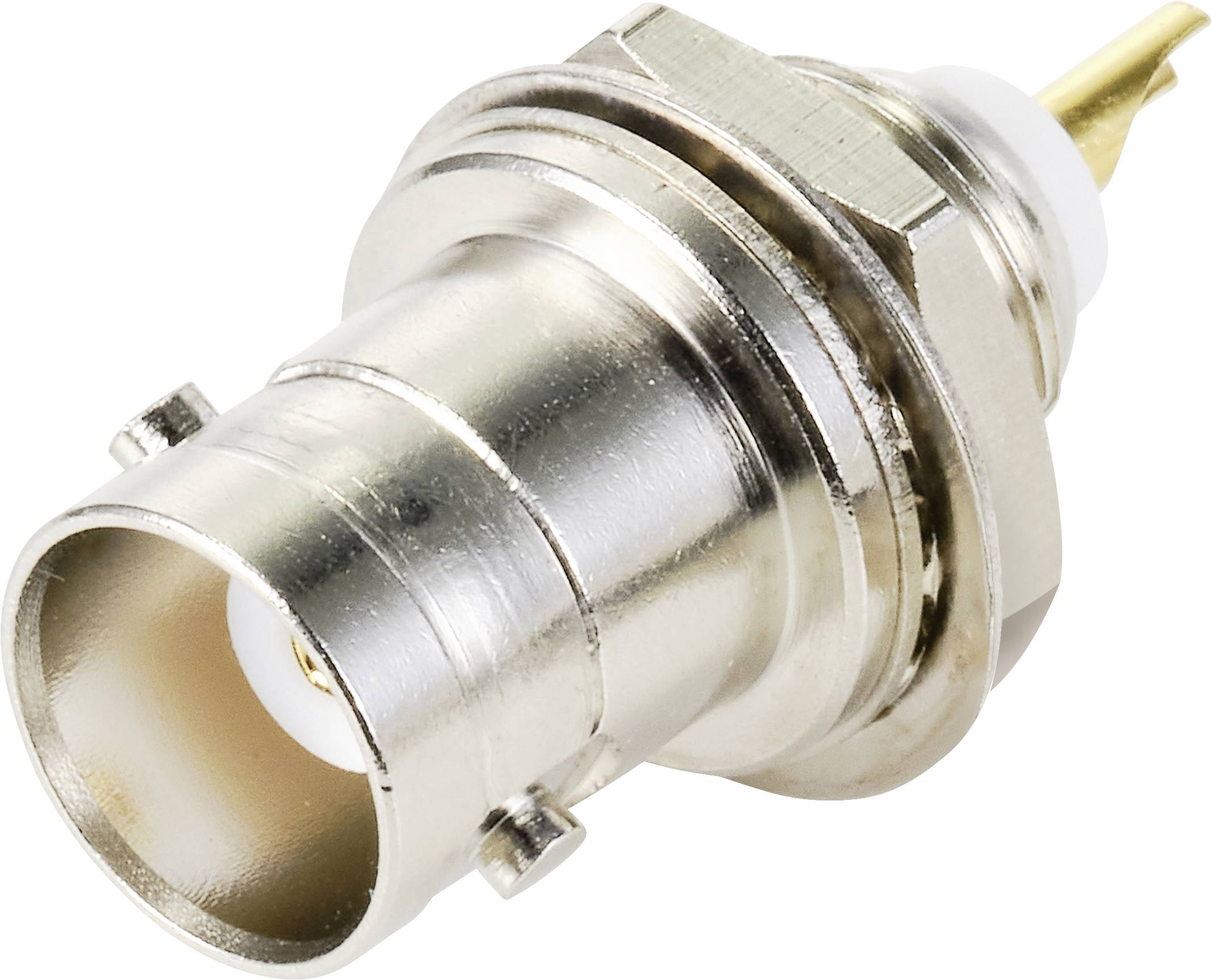 Connecteur BNC en gros plan, montrant un boîtier métallique et une conception coaxiale. Adapté aux applications RF et aux connexions de câbles.