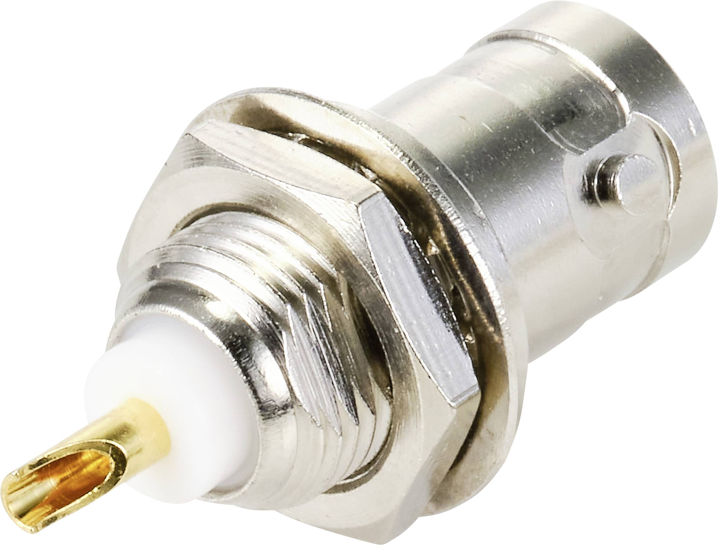 Un embout métallique avec isolation en plastique blanc et broche de connexion dorée, typiquement utilisé pour les connexions haute fréquence.