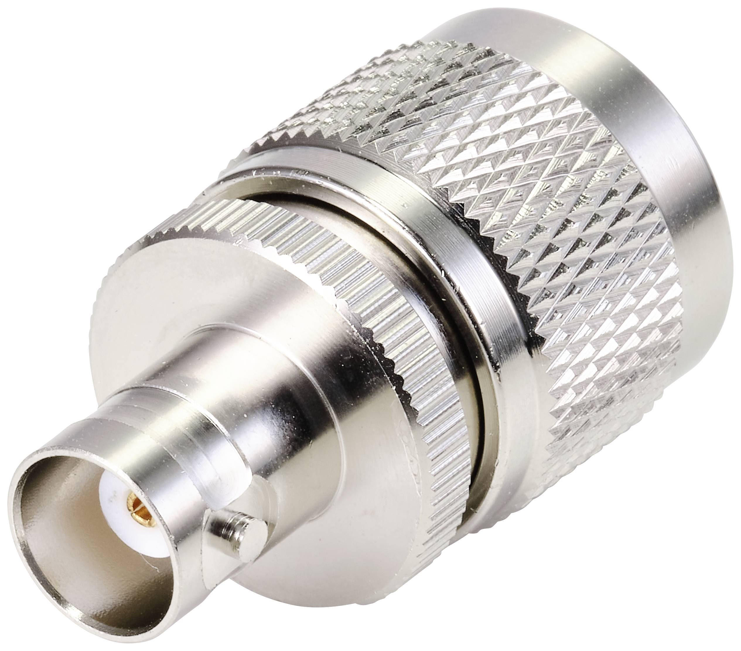 Un adaptateur coaxial argenté à surface striée et connecteur, utilisé pour les connexions électroniques et les branchements de câbles.