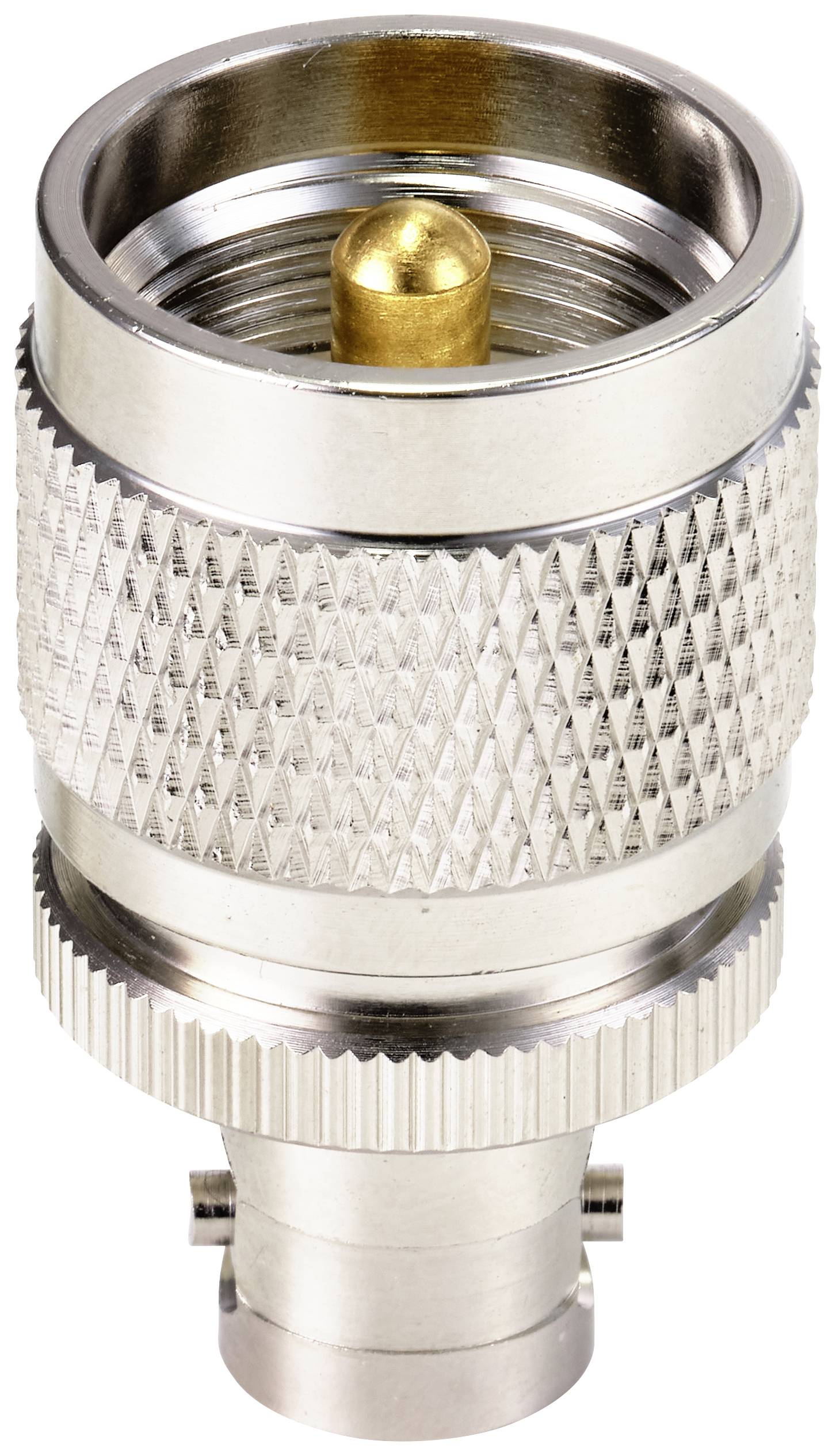 Fiche métallique à surface striée avec broche intérieure dorée, typique des connexions coaxiales dans les appareils électroniques.