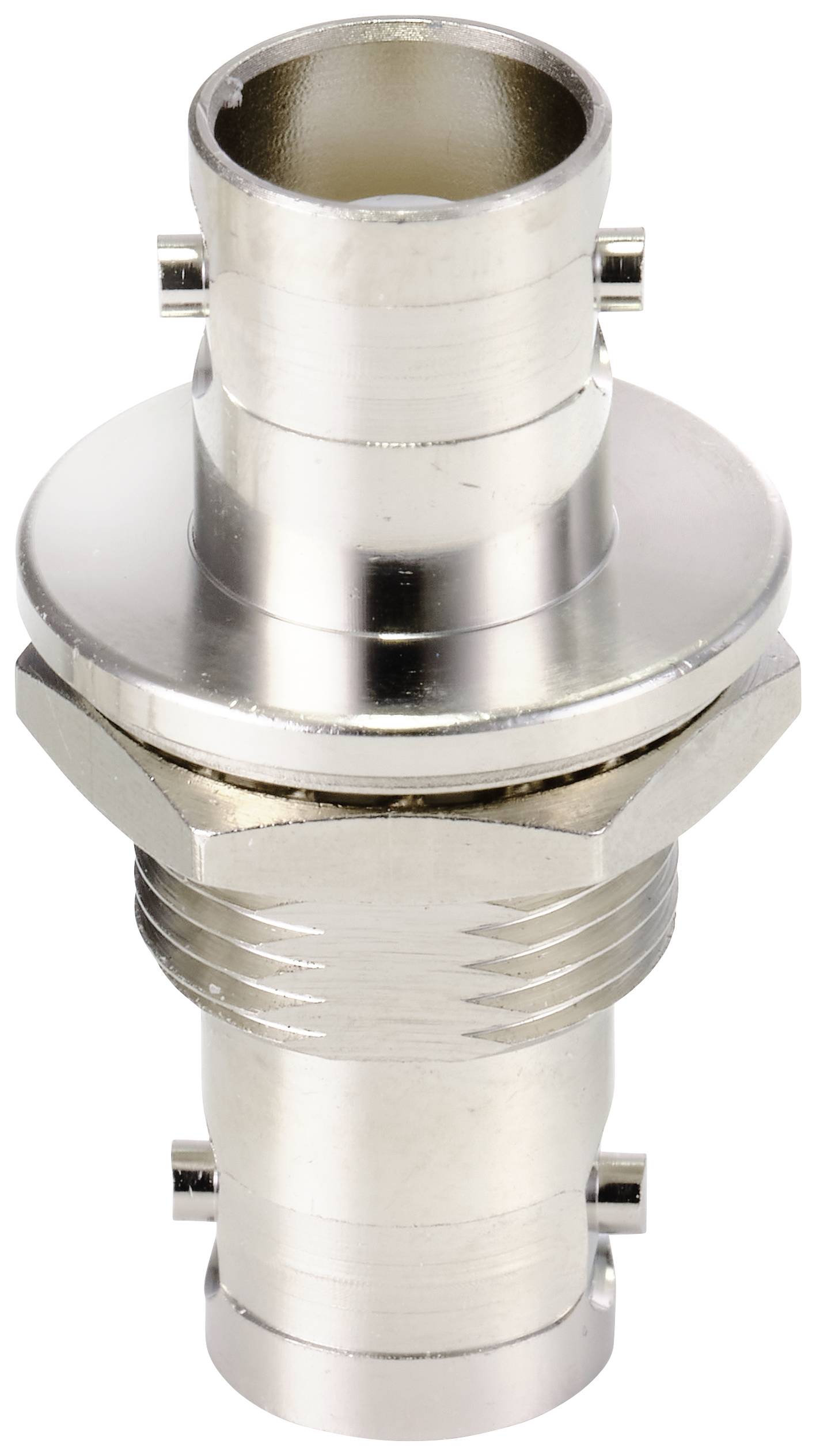 Pièce de connecteur circulaire métallique avec section filetée rainurée, deux éléments de fixation latéraux et extrémité de connexion ouverte.