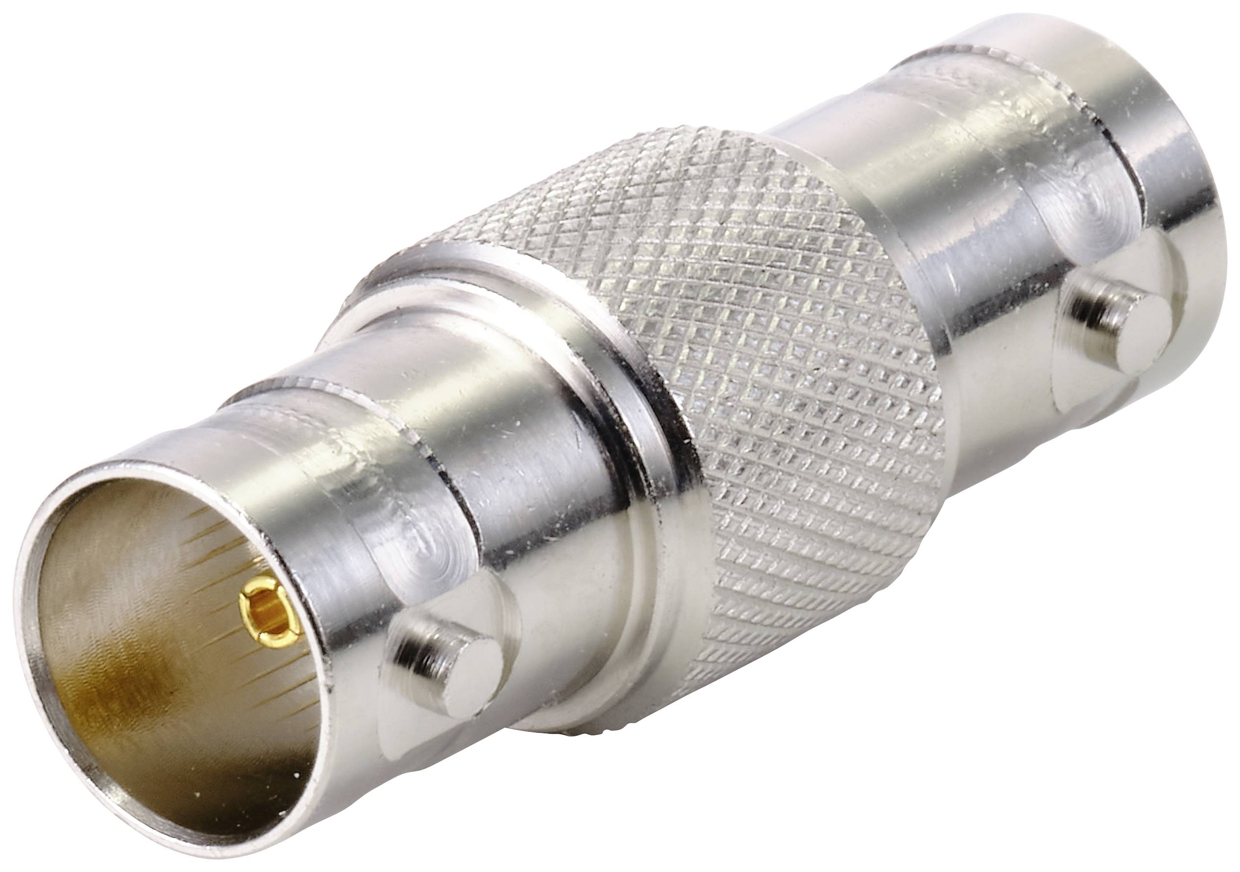 Un adaptateur coaxial métallique à surface rainurée, adapté pour connecter deux fiches coaxiales.