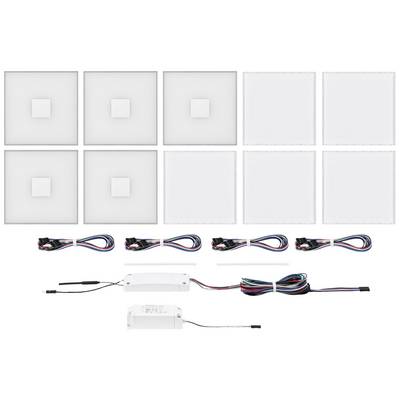 Huit panneaux LED carrés avec accessoires tels que câbles et transformateurs, pouvant être utilisés pour créer une construction d'éclairage.