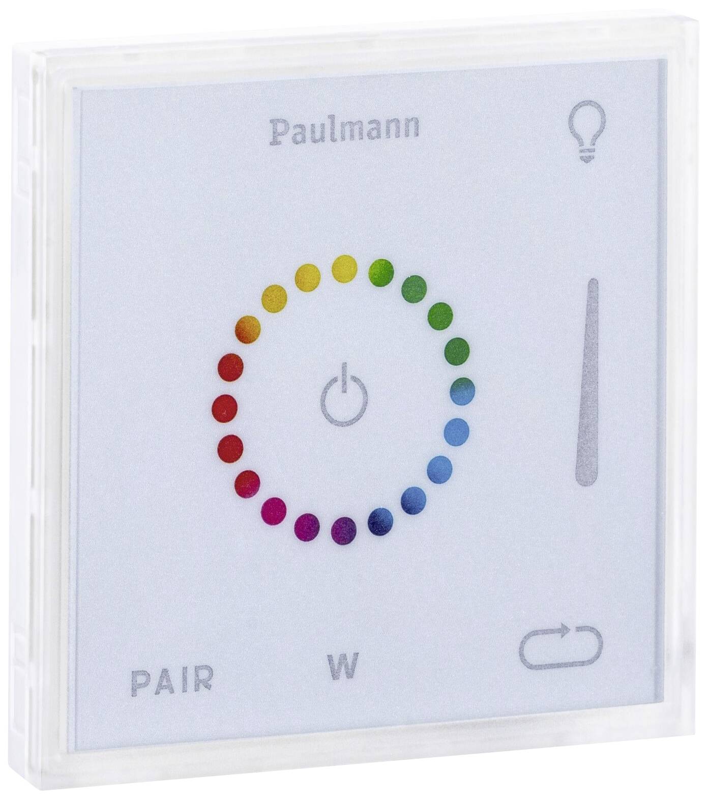 Panneau tactile pour commander des luminaires LED colorés avec un cercle chromatique pour la sélection des couleurs et la régulation de la luminosité. Marquages pour 'Pair' et 'W'.