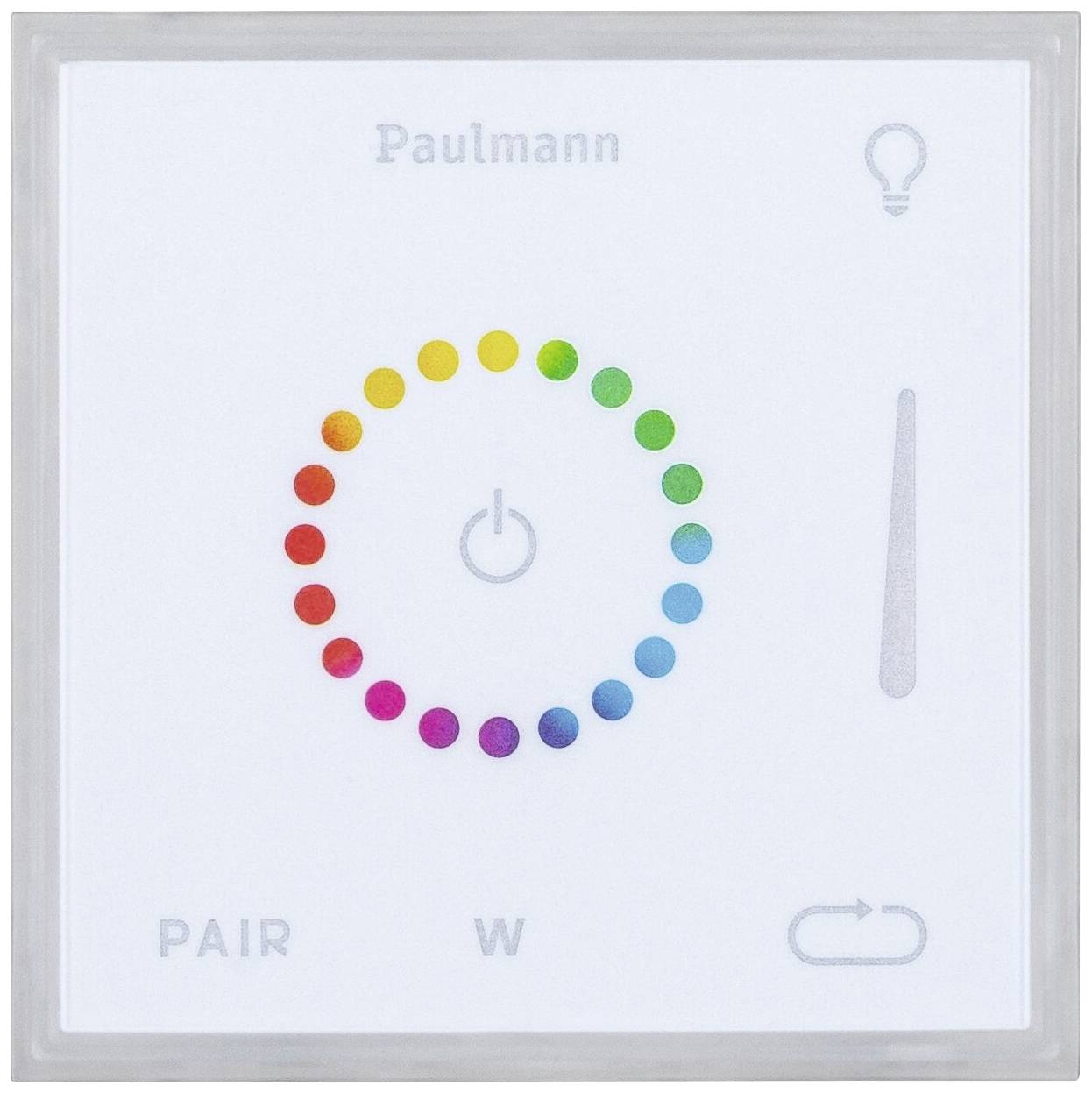 Un interrupteur avec un régulateur de couleur circulaire affichant des points colorés, des symboles d'intensité lumineuse et de connexion. Marqué 'Paulmann'.