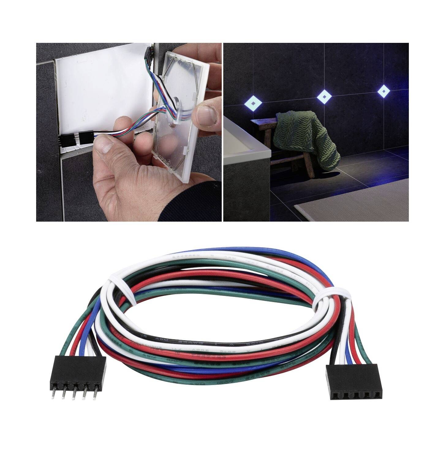Une main installe un câblage électrique dans un carrelage ; à côté, une lumière carrée brille. En dessous, un câble multifilaire.