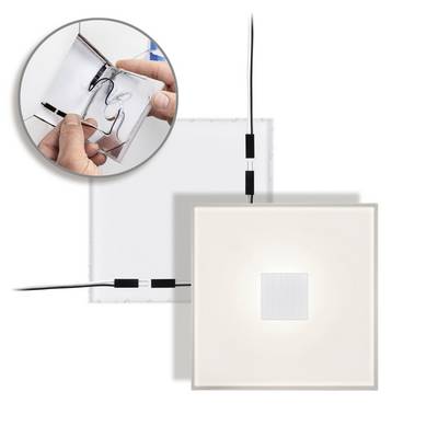 Luminaire LED carré à cadre étroit, avec un gros plan de son câblage à l'arrière.