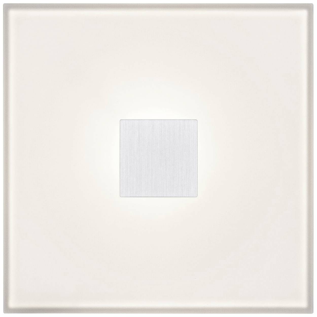 Un interrupteur carré avec un bouton central et une surface neutre, blanc lumineux.