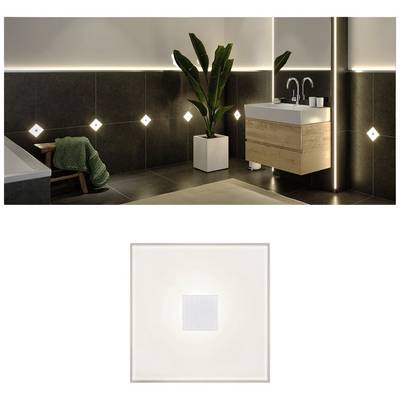 Espace de salle de bain moderne avec carrelage mural et de sol, plantes, lavabo et éclairage. Point fort : Luminaire carré en applique murale.