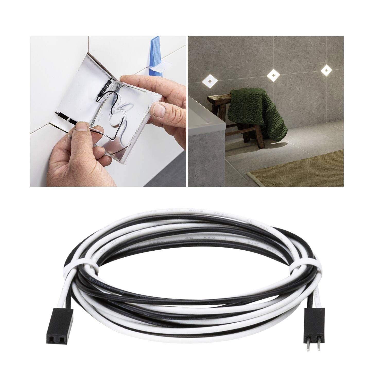 'Un câble est connecté. Une main installe un dispositif sur un mur. Pièce avec quatre éléments muraux lumineux.'