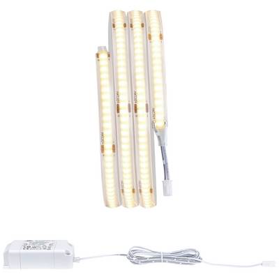 Une bande lumineuse LED avec bloc d'alimentation, présentant des segments flexibles et lumineux. Utilisée pour un éclairage décoratif.