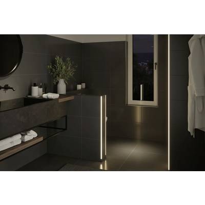Salle de bain moderne avec des murs carrelés foncés, éclairée par des bandes LED verticales étroites. Plantes et serviettes sur l'étagère.