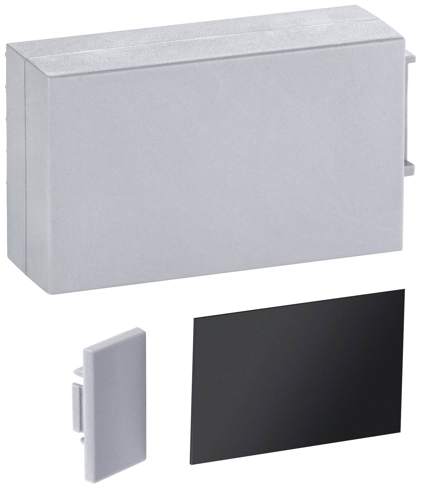 Un boîtier rectangulaire en plastique gris est accompagné d'une plaque noire. Il est destiné à l'hébergement de composants électroniques.