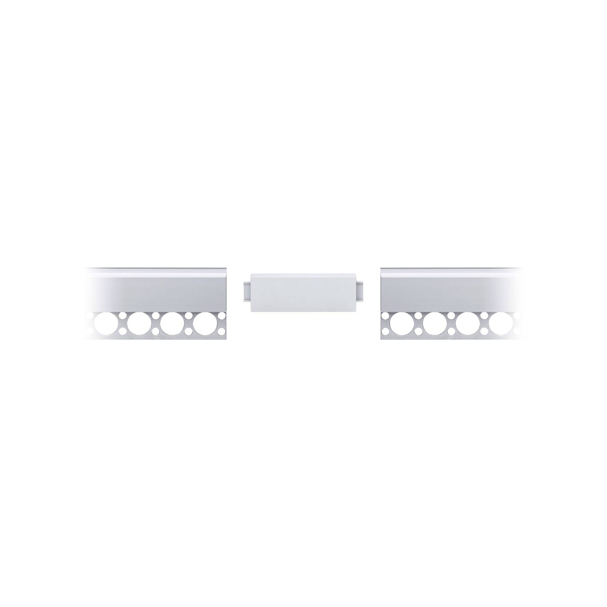 Un connecteur pour profilés en aluminium, placé au centre. À gauche et à droite se trouvent des sections de profilés avec des découpes rondes.